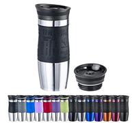 WELLGRO Mug isotherme 400 ml + 1 couvercle supplémentaire,Acier inoxydable,Poignée en silicone Soft Touch,Sans BPA,Gobelet isotherme à double paroi,Tasse à café à emporter partout,Couleur : noir