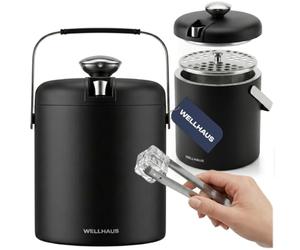 Wellhaus Bac à glaçons avec couvercle - Seau à glace pour glaçons en acier inoxydable de 1,3 l - Double paroi et isolé - En pince à glaçons - Compact et peu encombrant - Idéal pour les petites