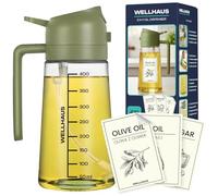 WELLHAUS Distributeur d'huile d'olive et pulvérisateur d'huile 2 en 1 - 470 ml - Distributeur d'huile en verre avec protection UV, anti-lumière, bec verseur d'huile et vaporisateur d'huile pour