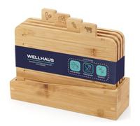 WELLHAUS Lot de 4 planches à découper en bambou avec support, grande planche de cuisine massive pour viande, légumes, fromage, volaille, planche à découper pour découper, servir comme planche à goûter