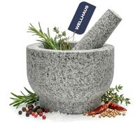 Wellhaus Mortier avec pilon - Granit XXL en pierre naturelle, grand broyeur d'épices pour herbes, noix et ail, récipient en pierre massive, version lourde, accessoires de cuisine (Gris)
