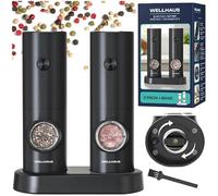 WELLHAUS Moulins à sel et poivre électriques - Lot de 2 moulins à épices à piles avec base, lumière LED blanche et degré de mouture réglable
