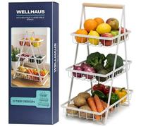 WELLHAUS Présentoir à Fruits à 3 étage - Panier à Fruits et Légumes en Métal, Rangement à 3 Niveaux pour Plan de Travail de Cuisine, Corbeille de Rangement, Blanc