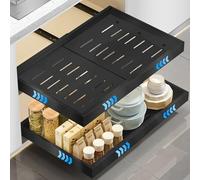 WELLTE Lot de 4 Tiroir Coulissant Cuisine Adhesif le Rangement Cuisine, Organisateur de Placard Extensible, (32-52cm L x 53cm P x 7,5cm H) Système à 3 Rails, Pas de Perçage ni de Clouage, Noir