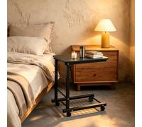 Wellynap Table d'appoint roulante en forme de C réglable en hauteur, table de canapé mobile avec panier de rangement et roulettes, plateau de table 48 x 30 cm, table de chevet étroite pour salon