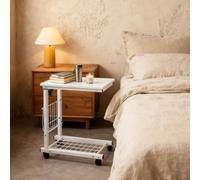 Wellynap Table d'appoint roulante en forme de C réglable en hauteur, table de canapé mobile avec panier de rangement et roulettes, plateau de table 48 x 30 cm, table de chevet étroite pour salon