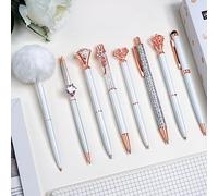 WEMATE 8pcs Stylo à bille blanc Set Stylos en métal cristal diamant pour journal à encre noire et bleue, stylo agréable et mignon avec boîte-cadeau pour dames filles fournitures de bureau de mariage