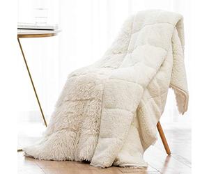 Wemore Couverture lestée à Poils Longs en Fausse Fourrure à Poils Longs, Confortable et Moelleuse pour Adulte, 6,8 kg, Couverture Lourde en Sherpa pour lit ou canapé, Blanc crème, 122 x 183 cm
