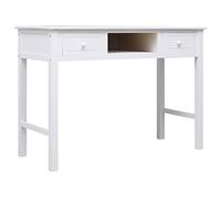 WEMYUFURN Bureau blanc 108 x 45 x 76 cm en bois massif de paulownia avec 2 tiroirs et compartiment ouvert, bureau d'ordinateur utilisable comme table console ou table d'appoint, surface de travail