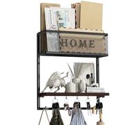 Wenfubrixa Support mural pour courrier et clés, rangement mural d'entrée pour porte-clés, porte-clés en métal avec panier à courrier, porte-clés 4 en 1 avec étagère en bois et 11 crochets (Noir)