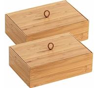 WENKO Accessoires Salle de Bain | Boîte de Rangement Bambou Modèle Terra L avec Couvercle | Organisateur de Maquillage et Bijoux | 2er Set Pratique | Bambou 22 x 7 x 15 cm Brun