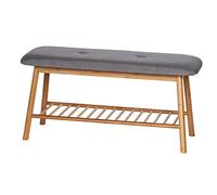 WENKO Banc à Chaussures avec Assise rembourrée en Bambou et revêtement 100% Polyester Marron/Gris 90 x 45 x 34 cm