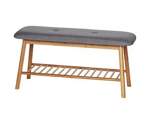 WENKO Banc à Chaussures avec Assise rembourrée en Bambou et revêtement 100% Polyester Marron/Gris 90 x 45 x 34 cm