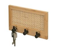 WENKO Barre à Crochets Allegre - Planche décorative en Bambou de qualité supérieure et rotin - Style bohème Tendance - avec 3 Crochets en Acier laqué Mat - 20 x 12 x 3,5 cm - Naturel/Noir