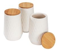WENKO Boîte de conservation Diamond, kit de 3 boîtes en céramique avec couvercle en bambou, structure losange élégante pour la conservation dans la cuisine, contenance 0,6 litres chacune, blanc/brun