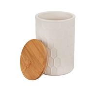 WENKO Boîte de conservation Maya, céramique blanche haute qualité avec structure de tissage, lavable au lave-vaisselle, couvercle en bambou certifié FSC® à fermeture hermétique, 900 ml, Ø 11 x 16 cm