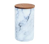 WENKO Boîte de conservation Mio, boîte à provisions en verre borosilicate à l'aspect marbré bleu/blanc avec couvercle à fermeture hermétique en bois d'acacia brun certifié FSC®, 1,4 L, Ø 11 x 19 cm