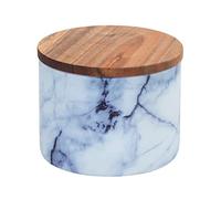WENKO Boîte de conservation Mio, boîte à provisions en verre borosilicate à l'aspect marbré bleu/blanc avec couvercle à fermeture hermétique en bois d'acacia brun certifié FSC®, 0,5 L, Ø 11 x 8,5 cm