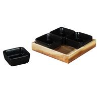 WENKO Bols à trempette avec plateau mod. Elo 5pcs Noir Céramique pour snacks dips et antipasti FSC bois d'acacia idéal pour les fêtes BBQ Dimensions 19 x 19 x 5 cm