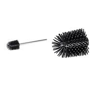 WENKO Brosse de Silicone avec Manche Acier INOX - Brosse de Toilette avec tête de Rechange, 7.5 x 35 x 7.5 cm, Brillant & Brosse de Rechange en Silicone - Porte-Brosse WC, 7.5 x 9.3 x 7.5 cm, Noir