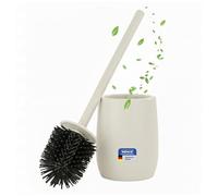 WENKO Brosse WC Mod Fablo en céramique à relief rainuré, support de brosse à poser, avec tête en silicone et couvercle plastique flexible, set WC pour salle de bain et WC invités, crème mate