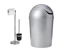 WENKO Combiné WC Parus Acier INOX - Porte-Brosse WC, Acier Inoxydable, 25.5 x 57 x 16.5 cm, Brillant & Poubelle Salle de Bain Economic, Gris, Petite Poubelle Salle de Bain 6L, 20 x 30 x 20 cm