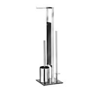 WENKO Combiné WC Rivalta | 3 en 1| Brosse WC et Dérouleur Papier Toilette | Stockage Papier | Tête de Brosse remplaçable | Acier INOX Brillant et Verre trempé Noir| 18x70x23 cm | INOX