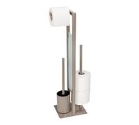 WENKO Combiné WC Rivalta | 3 en 1| Brosse WC et Dérouleur Papier Toilette | Stockage Papier | Tête de Brosse remplaçable | Acier INOX Taupe et Verre trempé| 18x70x23 cm | Taupe
