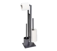 WENKO Combiné WC Rivalta | 3 en 1| Brosse WC et Dérouleur Papier Toilette | Stockage Papier | Tête de Brosse remplaçable | Acier INOX Gris et Verre trempé Noir| 18x70x23 cm | Gris
