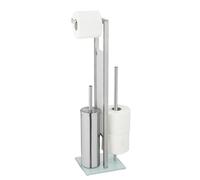 WENKO Combiné WC Rivalta | 3 en 1| Brosse WC fermée et Dérouleur Papier Toilette | Stockage Papier | Tête de Brosse remplaçable | Acier INOX Noir et Verre trempé Noir| 18x70x23 cm | Argent Mat