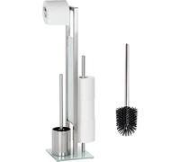 WENKO Combiné WC Rivalta et Brosse Rechange| 3 en 1 | Brosse WC Dérouleur Papier Toilette | Stockage Papier | Tête de Brosse remplaçable | Acier INOX Mat Verre trempé Noir| 18x70x23cm | INOX Mat