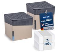 WENKO Déshumidificateur Cube 500 g, Lot de 2, pour pièces Jusqu’à 40 m³, elimine l'humidité, Anti moississure, sans électricité, Silencieux, Rechargeable, Beige