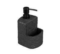 WENKO Distributeur de Liquide Vaisselle Festival Stone Noir, Distributeur de Savon Rechargeable Imitation Pierre en polyrésine pour la Cuisine, Compartiment d'éponge, Volume 380 ML, 10,5 x 18 x 11 cm