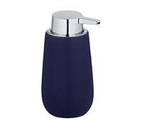 WENKO Distributeur de savon Badi, distributeur de savon liquide rechargeable en céramique de haute qualité et à surface mate, pompe en plastique robuste, contenance 320 ml, 9,5 x 16 x 8 cm, bleu foncé