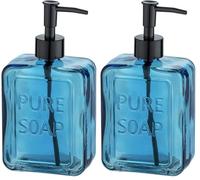 WENKO Distributeur de Savon Pure Soap, Distributeur de Savon Liquide Rechargeable en Verre, Distributeur de désinfectant pour la Cuisine, la Salle de Bain, 550 ML, 9,5x20x6cm, Bleu (Lot de 2)