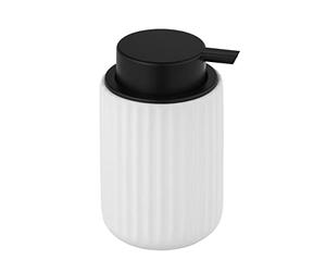 WENKO Distributeur de savon rechargeable en céramique, finition Soft-Touch | distributeur de savon au design moderne à structure rainurée, 300 ml, Ø 8 x 13,5 cm, blanc mat/noir, Mod Belluno
