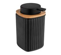 WENKO Distributeur de savon Rotello, contenance 250 ml, rechargeable, en plastique avec décoration en bambou, convient également pour du liquide vaisselle, 8,9 x 12,7 x 7,5 cm, noir/couleur naturelle