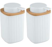 WENKO Distributeur de savon Rotello, contenance 250 ml, rechargeable, en plastique avec décoration en bambou, convient également pour du liquide vaisselle, 8,9 x 12,7 x 7,5 cm, blanc/couleur naturelle