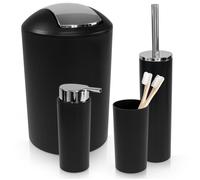 WENKO Ensemble de 4 Accessoires de Salle de Bain Calvo | Distributeur de Savon, gobelet, Brosse WC, Poubelle de Toilette | Noir et chromé en Plastique