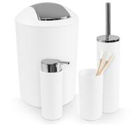 WENKO Ensemble accessoires de salle de bain, 4 pièces, CALVO | Kit contenant un Distributeur de Savon Liquide, Un porte brosse à dents, une brosse WC et une Poubelle 6,5L| Lot d'accessoires WC | Blanc