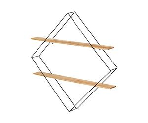 WENKO Étagère murale Geo, étagère angulaire, cadre en métal verni noir en forme de losange, avec 2 rayons en bois de pin naturel, design industriel, 56 x 56 x 10 cm, noir/marron