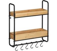 Etagère murale Loft avec 2 tablettes et 6 crochets - en Métal et Bambou - Noir et marron