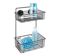 WENKO Etagère Murale Salle de Bain sans perçage Bari, 2 paniers de Douche Fixation sans perçage Vacuum Loc Plus, Hauteur idéale pour Les gels Douche, Esprit loft, Acier Verni, 26x38x17 cm, Noir