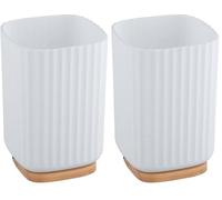 WENKO Gobelet pour brosses à Dents Rotello, gobelet en Plastique avec Fond en Bambou, Rangement pour Accessoires dédiés au Soin des Dents, Structure cannelée, Ø 8,6 x 11,1 cm, Blanc/Couleur Naturelle