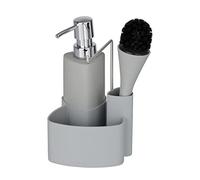 WENKO Kit Vaisselle Empire, 4 en 1 - Distributeur de Liquide Vaisselle, Brosse, Support à torchon & Organiseur, céramique Haut de Gamme avec Surface Douce, contenance 250ml, 11 x 19 x 12,5 cm, Gris