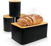 WENKO Lot de 4 Boîtes de Rangement Cuisine | Boite à Pain + 3 Boites de Conservation Alimentaire | Métal, Couvercle en Bambou |