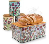 WENKO Lot de 4 Boîtes de Rangement Cuisine GARDEN | 1 Boîte à Pain + 3 Boîtes de Conservation Hermétiques | Métal, Couvercle Bambou