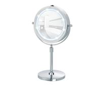 WENKO Miroir grossissant x5 Lumi, Miroir maquillage LED, hauteur réglable sur pied, Ø 13 cm, Acier, 21x38-49x13,5 cm, chromé