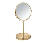 WENKO Miroir sur pied Mod. Alata | Miroir cosmétique doré avec grossissement 3x | Miroir à poser pivotant pour salle de bains | DIM (l x h x p) 18,5 x 35 x 15 cm | Métal doré Ø 17 cm