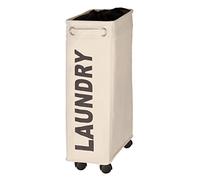 WENKO Panier à linge CORNO | Panier linge roulettes étroit décor "Laundry" | Capacité 43 l | Gain de place | Poignets de transport | Pratique et flexible | Polyester | 18.5x60x40 cm | Beige